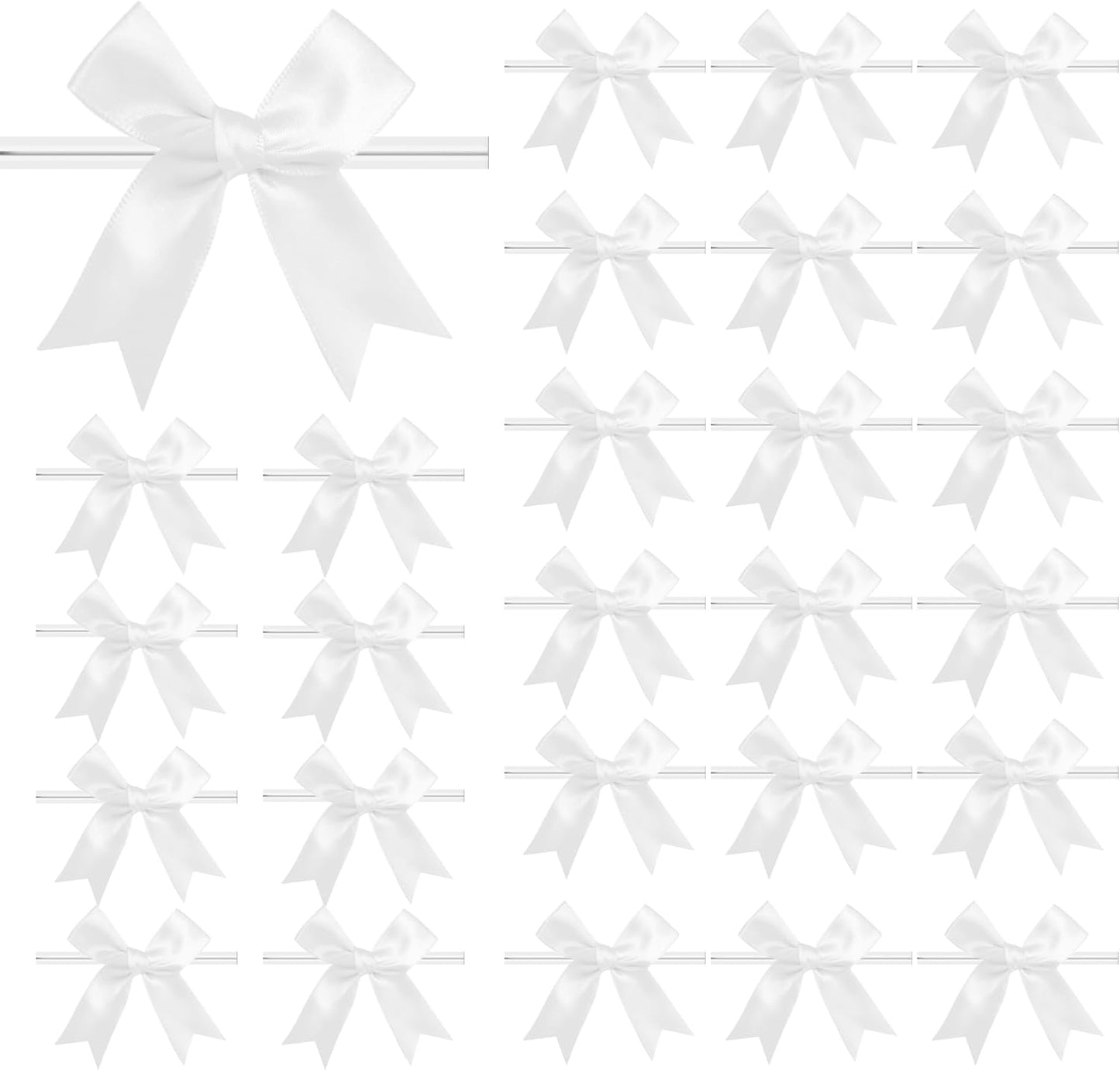 50 PCS Twist Tie Bows Satin Ribbon Bows 3.3 Inch Gift Wrap Bows Craft Bows for Gift Wrapping, Party Decorations Gifts Bag DIY Treat Bags Wedding Decor Baby Shower Christmas (White)