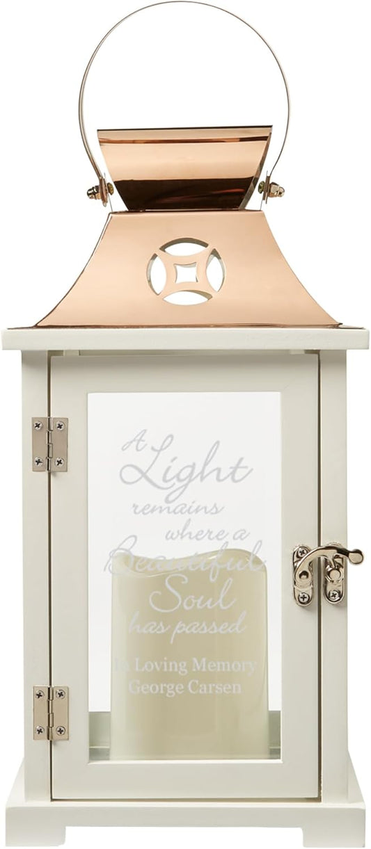 Let's Make Memories Personalized Memorial Lantern - Sympathy - Condolences - LED Candle - Automatic Timer - Wood/Stainless Steel - Copper Finish - A Light Remains