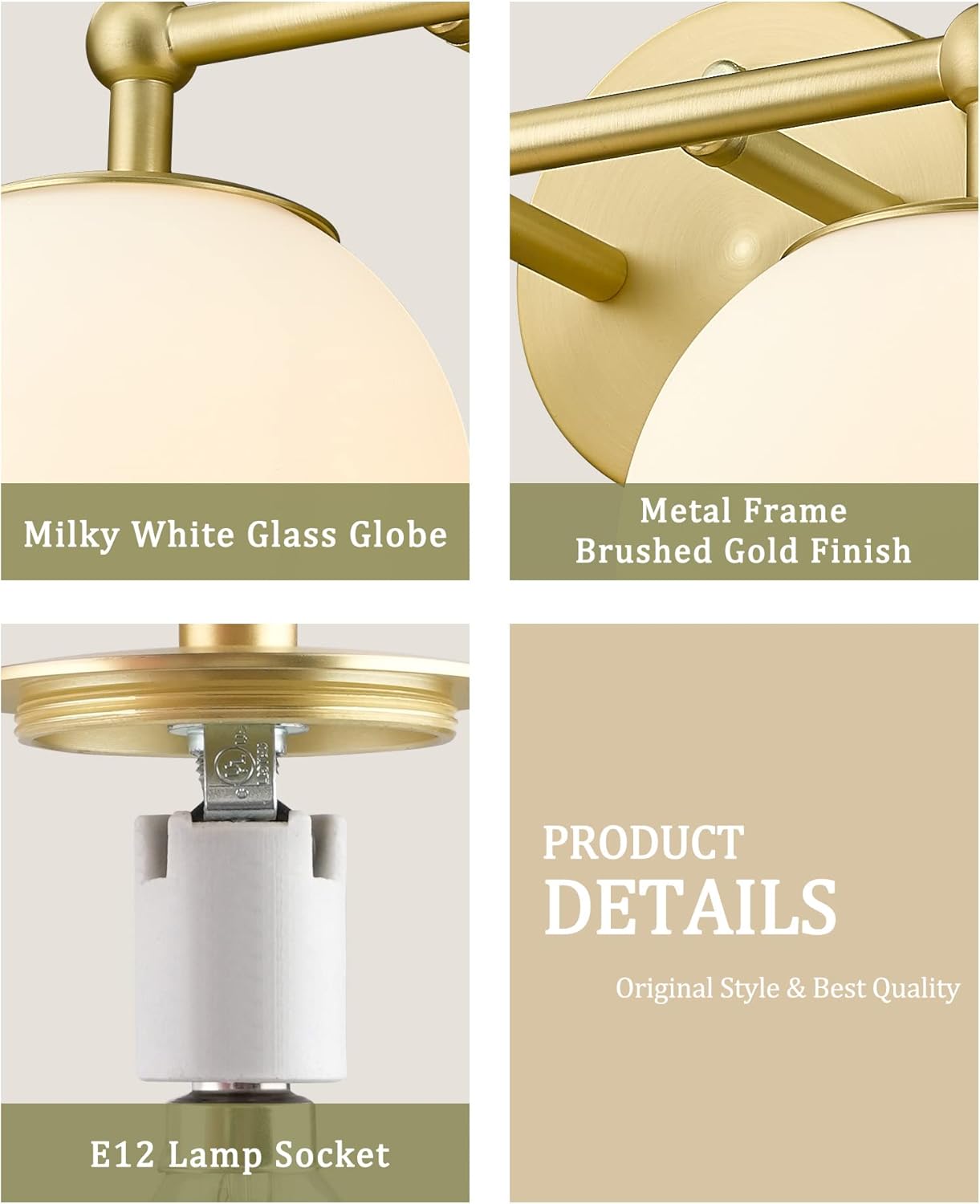 Gold Bathroom Light Fixtures, 2-Light Vanity Lights Over Mirror Wall Sconce with White Etched Glass Globe, KW-7308-2