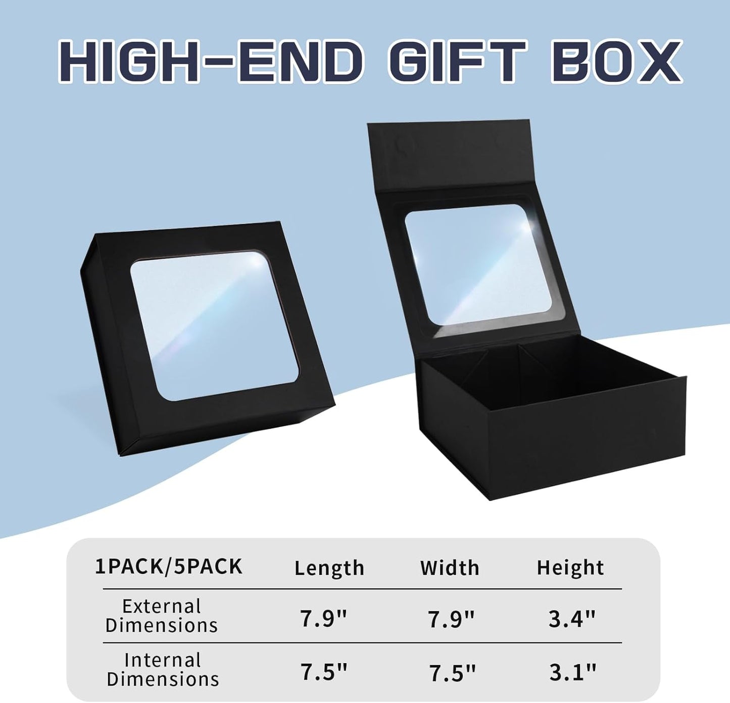 Black Gift Box with Window,7.5"x7.5"x3.1" Bridesmaid Boxe for Gift Giving,Birthday Gifts Boxes with Magnetic,Closure Lid Gift Boxe for Presents,Cute Box,Luxury for Gift Packaging,Gift Boxes for Wrapping Gifts