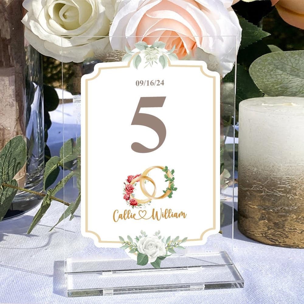 callie Personalized Wedding Table Numbers with Couple’s Name & Date, Custom Acrylic Birth Flower Tree Table Signs Holders, Wedding Reception Party Gifts for Bride & Groom