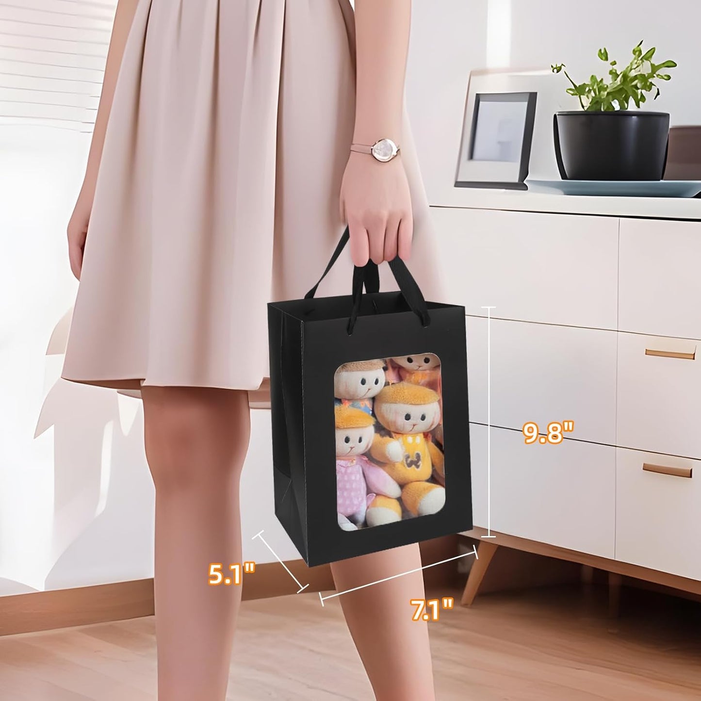 MOXARYSU 3 Pcs Black Gift Bags with Clear Window: 9.8x5.1x7.1 Inch Medium Kraft Paper Bags with Handle For Party Business Birthday Wedding (Black,3p)