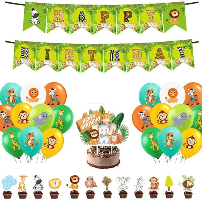 Safari Jungle Animal Birthday Party Decorations – 32 PCS Happy Birthday Banner, 18 Balloons, 12 Cupcake Toppers & 1 Cake Topper – Safari Party Supplies for Kids Boys Girls, Baby Shower, Zoo Theme