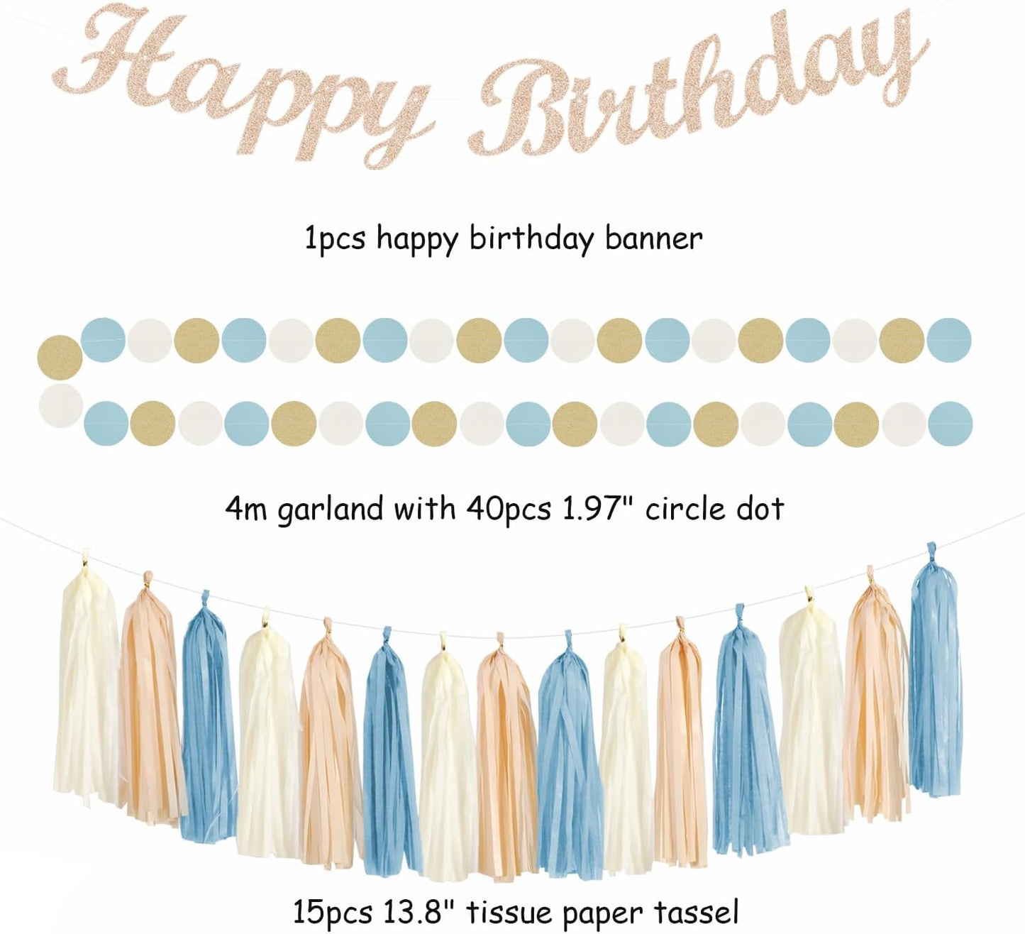 Light-Dusty Blue 18th Happy-Birthday Party-Decorations - 31pcs Women Girls Paper Lanterns Streamers Banner,Tissue Pom Poms Fans Tassels Graland Decor,Beige Champagne Wall Backdrop Supplies Hugmoon