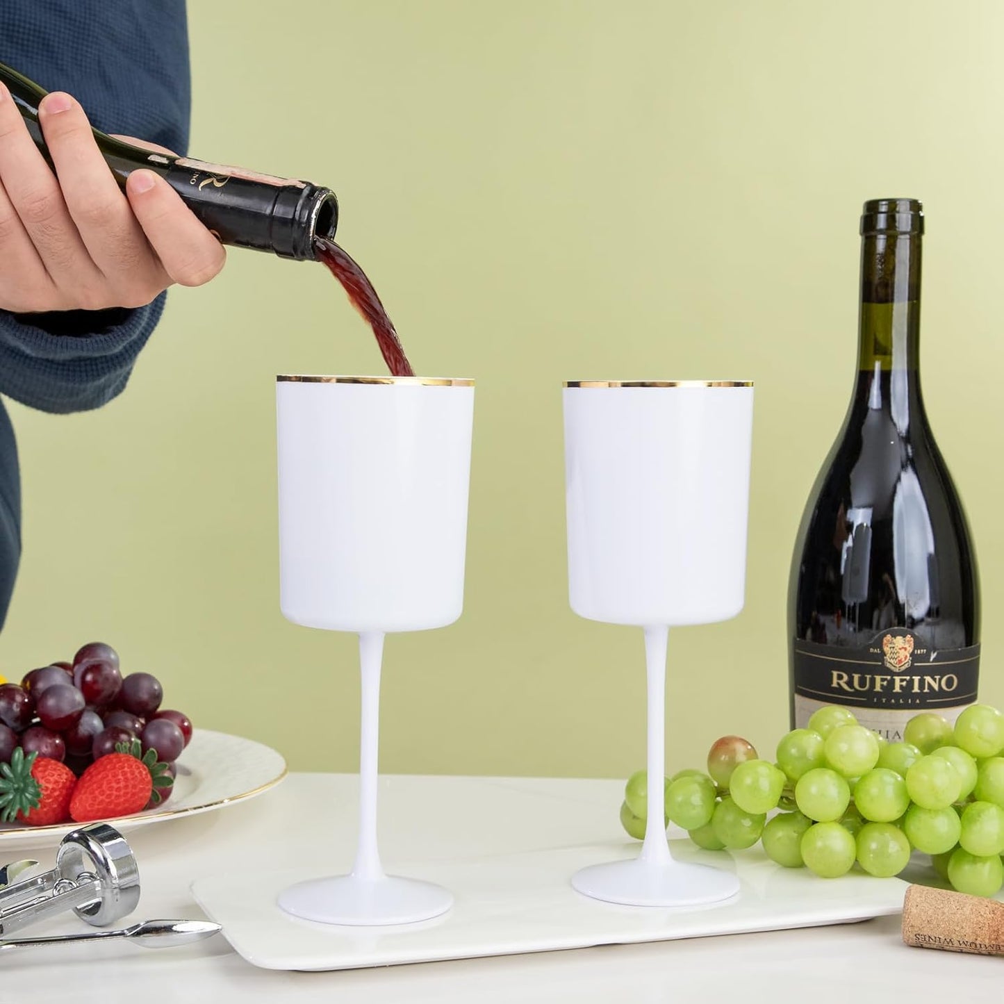 Ciaell 12 Pack White Plastic Wine Glasses with Stem - 10 Oz White and Gold Disposable Wine Glasses for Parties & Weddings & Poolside & Toasting & Outdoors & Graduation