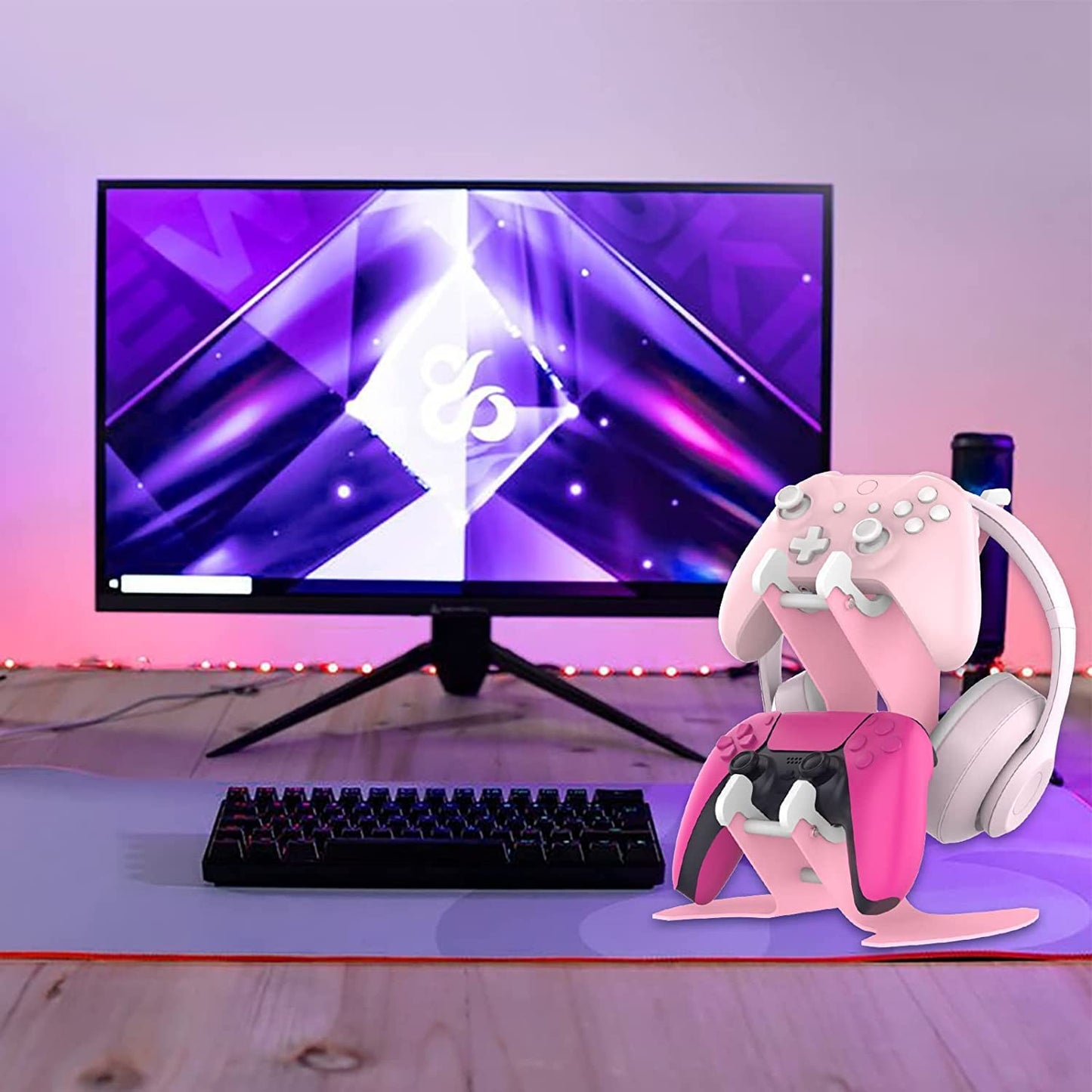 Controller Holder Pink, Game Controller Rack Headset Stand for Xbox Series X S/Xbox one / PS5 / PS4 / NS/PC/Headset, Aluminum Metal Headset Mount Universal Organizer for Video Game Accessories