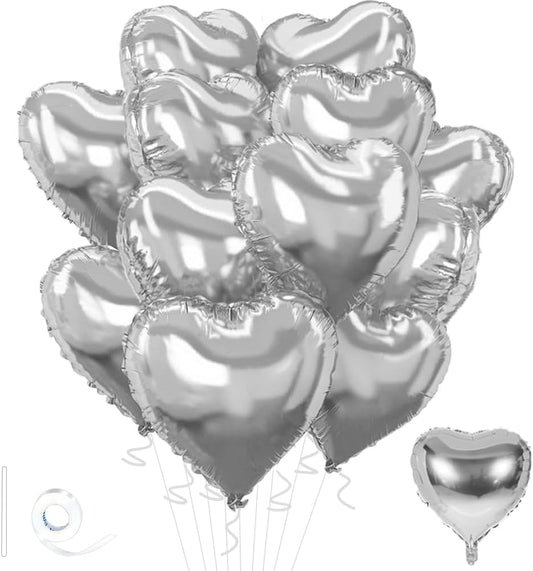 Silver Heart Balloons,18inch Bright Silver Heart Shaped Foil Balloons 12Pcs Helium Mylar Balloon for Anniversary Wedding Engagement Birthday Party Baby Shower Decorations