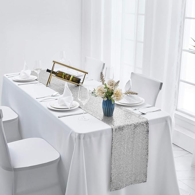 6 Packs 12 x 72 inches Silver Sequin Table Runner, Glitter Runner for Birthday Party Supplies Decorations Wedding Bachelorette Holiday Celebration Bridal Shower Baby Shower