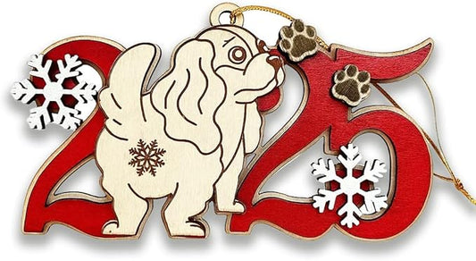 Cavalier King Charles Spaniel 2025 Christmas Ornament – Cute Wooden Dog Tree Decoration with Snowflakes & Paw Prints for Cavalier Lovers, Pet Owner Christmas Décor
