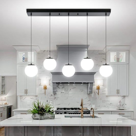 5-Lights Globe Pendant Light for Kitchen Island H 98" Black Rectangle Chandelier Milk White Glass Pendant Lighting for Living Room Bedroom Entryway