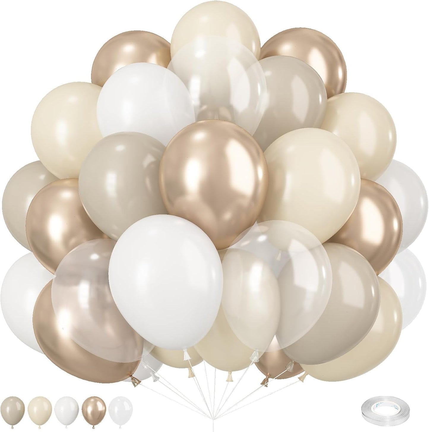 Beige White Gold Balloons, 60PCS Nude Metallic Champagne Gold Cream White Clear Balloon Ivory White Sand Transparent Neutral Balloons for Birthday Boho Wedding Anniversary Engagement Party Decoration