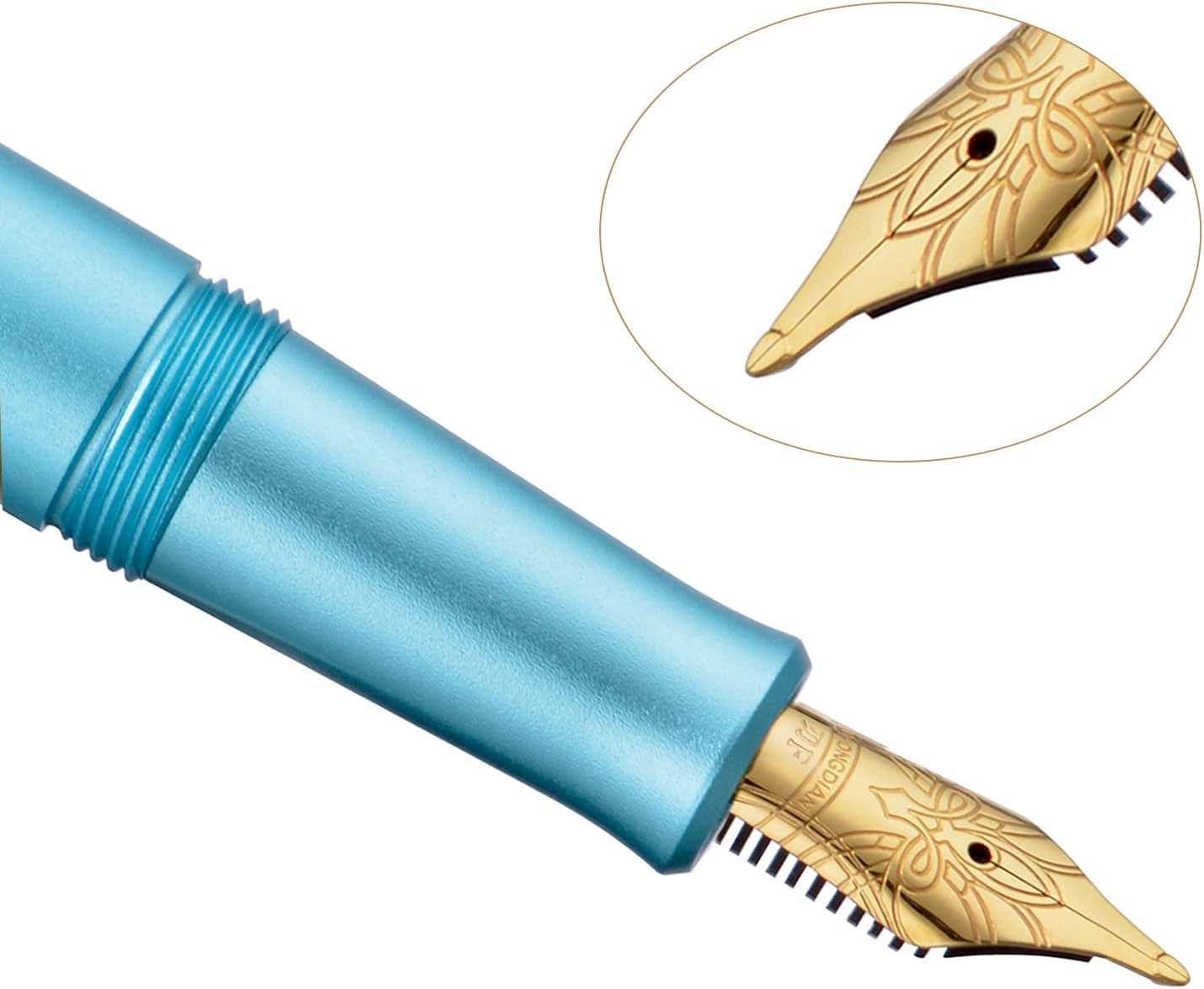 HONG DIAN M2 Black Forest Mini Fountain Pen, Long Blade Nib & Sleek Shape Aluminium Short Pocket Travel Pen (Lake Blue)