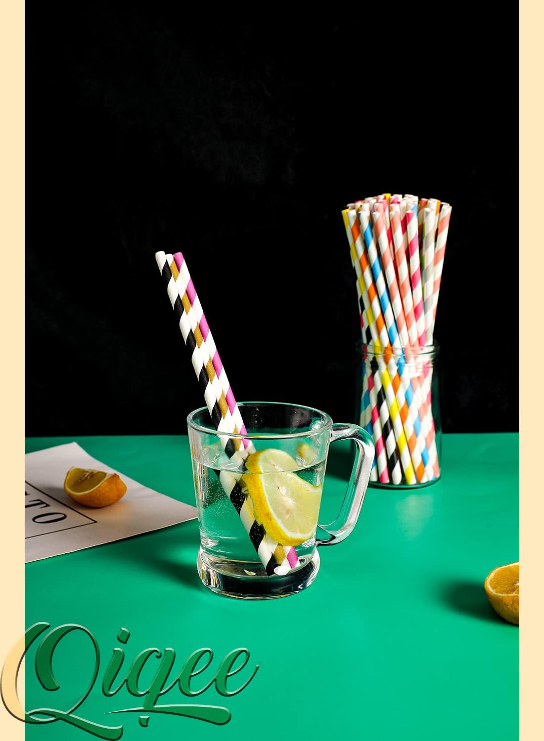 qiqee 200-pack Multi Stripe Rainbow Drinking Paper Straws Disposable Straws Bulk (20-Multi Color)