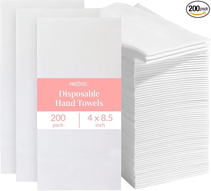Prestee 200 Disposable Paper Hand Towels That Feel Like Linen Napkins, 2-Ply - Guest Towels, Wedding Paper Napkins, Disposable Napkin for Guest Bathroom, Parties, Dinners, Events (White)