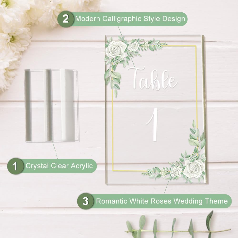 OurWarm White Rose Acrylic Wedding Table Numbers 1-20, 4x6 Inch Printed Calligraphy Table Number with Stands, Clear Numbers Signs and Holders, Perfect for Wedding Reception Anniversary Event