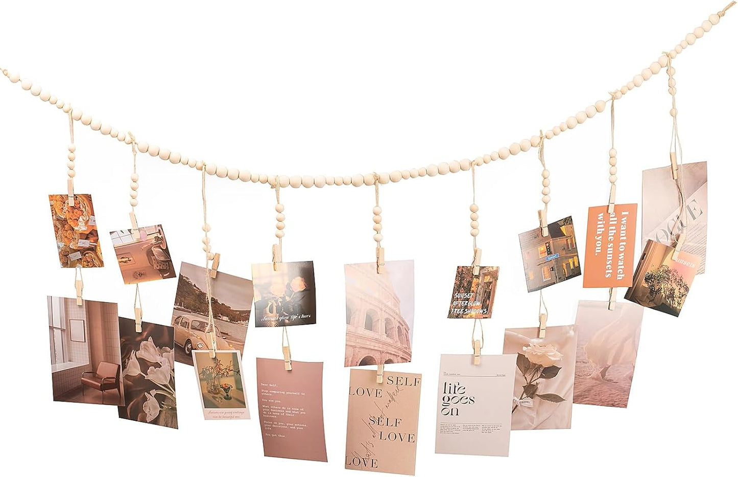 Hanging Photo Display with 18 Wood Clips, Boho Wooden Bead Wall Décor for Bedroom, Living Room, Dorm, Kids Art Picture Display