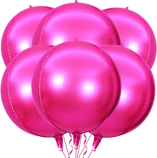 6 Pack Hot Pink 22 Inch 4D Foil Balloons Big 360 Degree Round Sephere Mylar Balloons Mirror Finish Metallic Balloons for Wedding,Birthday,Bachelorette,Baby Shower Decorations Party Supplies