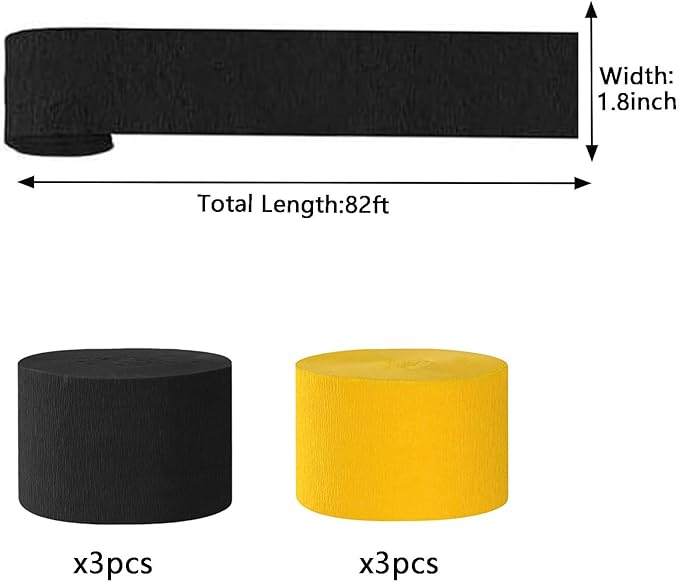 We Moment Black and Yellow Crepe Paper Streamers Party Streamer 1.8 Inch Widening 6 Rolls,Black Yellow Party Decorations Streamer 82 feet per roll for Birthday Wedding Party Decorations