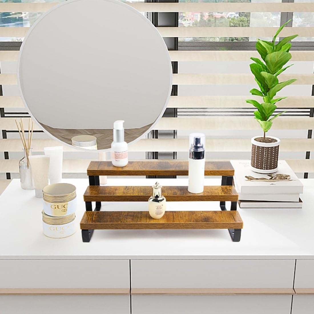 4-Tier Wooden Display Riser Shelf Stand for, Makeup, Cupcake, Condiment & Dolls Collection Home Decor Organizer, Expandable for Pantry/Counter (Brown, 3-Tier)