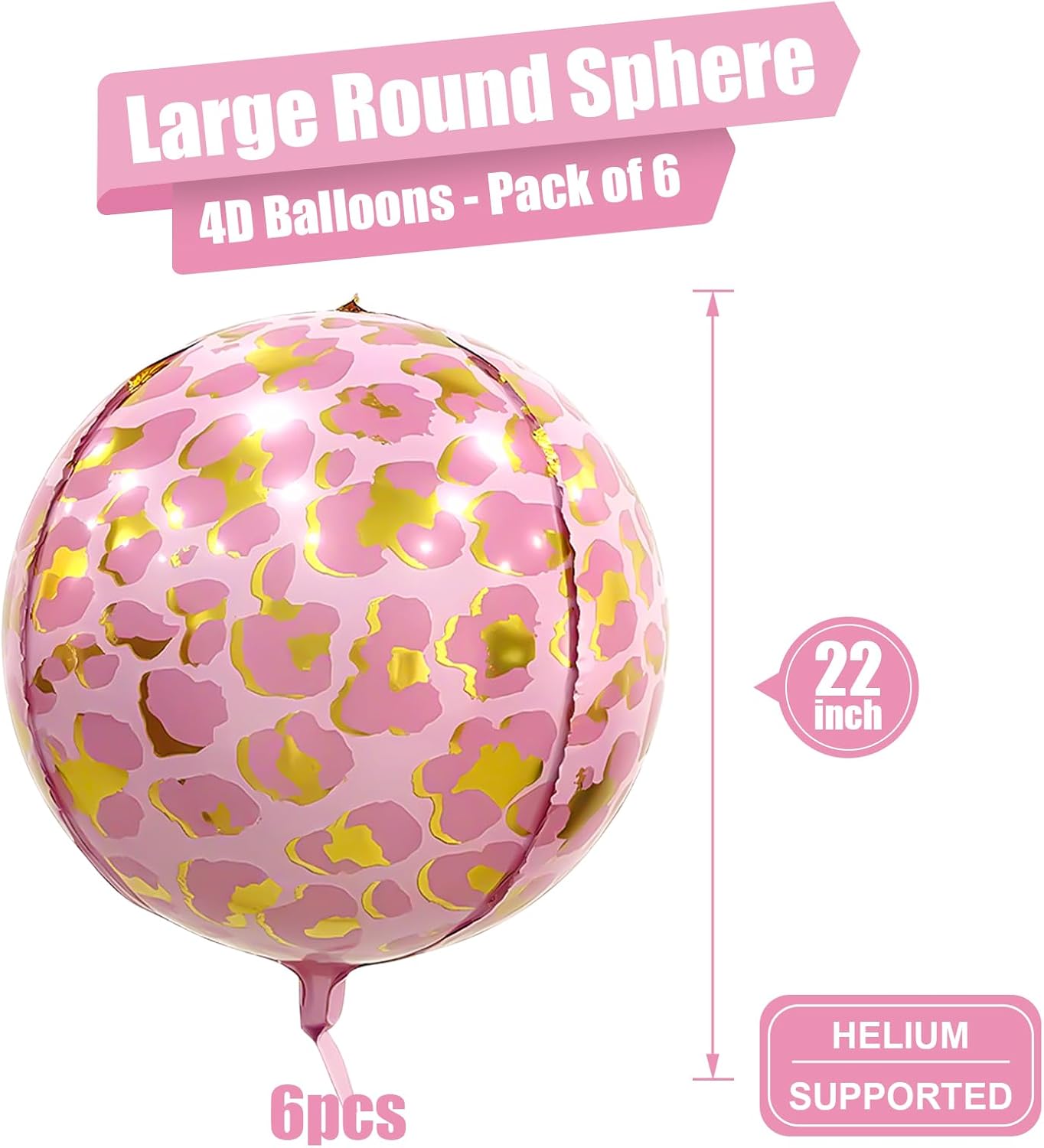 6Pcs Pink Cheetah Print Foil Balloons, 22inch 4D Leopard Theme Balloons, Large Round Ball Animal Foil Balloon for Cheetah Zoo Themed Wild Jungle Birthday Party Backdrop Decorations