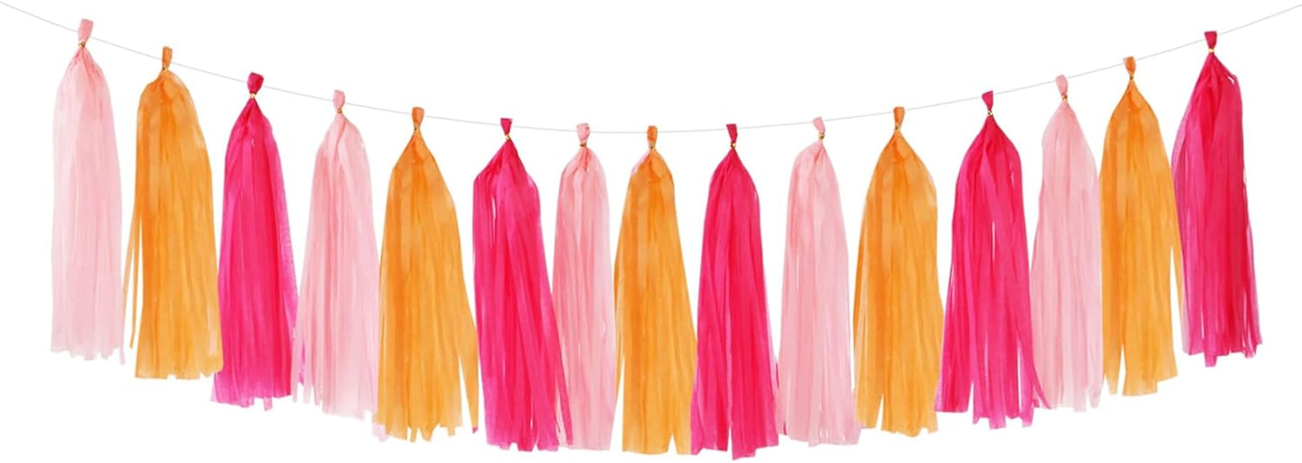 Hot-Pink Orange Fall Party-Decorations Tassel-Garland - 15pcs Groovy Baby-Shower Birthday Wedding Bridal Tassel, Autumn Thanksgiving Banner Streamers, Engagement Bachelorette Sunset Decor Panduola