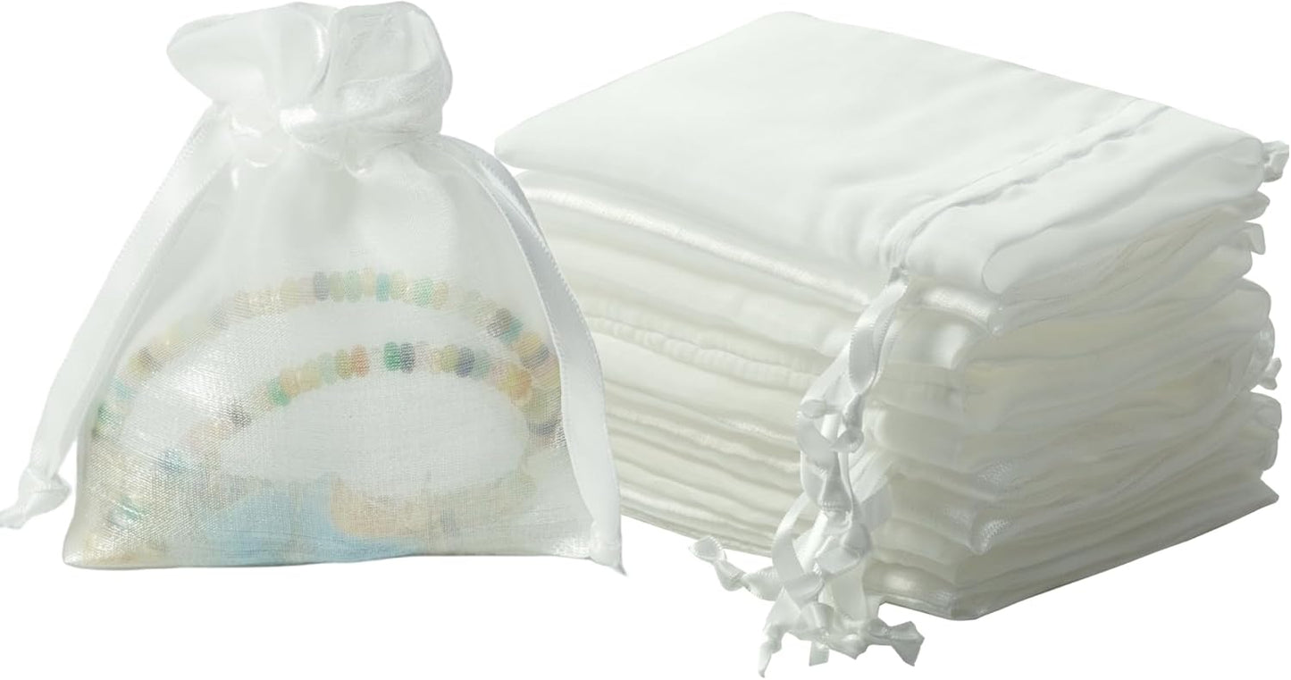 QIANF 20 Pcs White Small Organza Bags 3X4 inch for Wedding Favors with Drawstring, Mini Mesh Gift Bags Jewelry Pouch for Candy Bridal Shower Party Favor Baby Shower Christmas