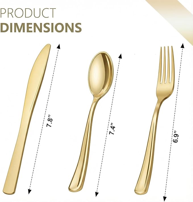 NOCCUR 400PCS Gold Plastic Silverware - Gold Plastic Cutlery Include 200 Forks, 100 Spoons, 100 Knives, Disposable Silverware Perfect for Party&Daily Using