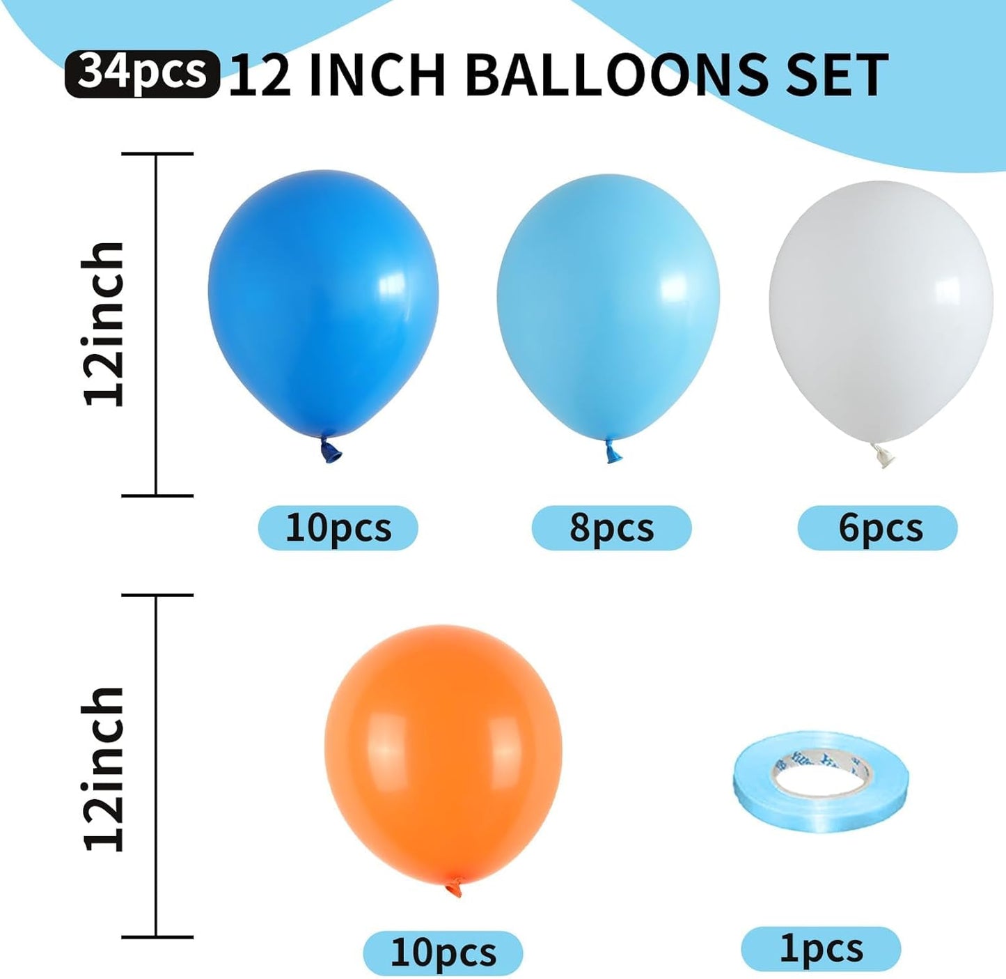 12 Inch Latex Balloons - Orange, Blue, White - Party Pack for Kids Birthday, Baby Shower, Outer Space Theme Decoration