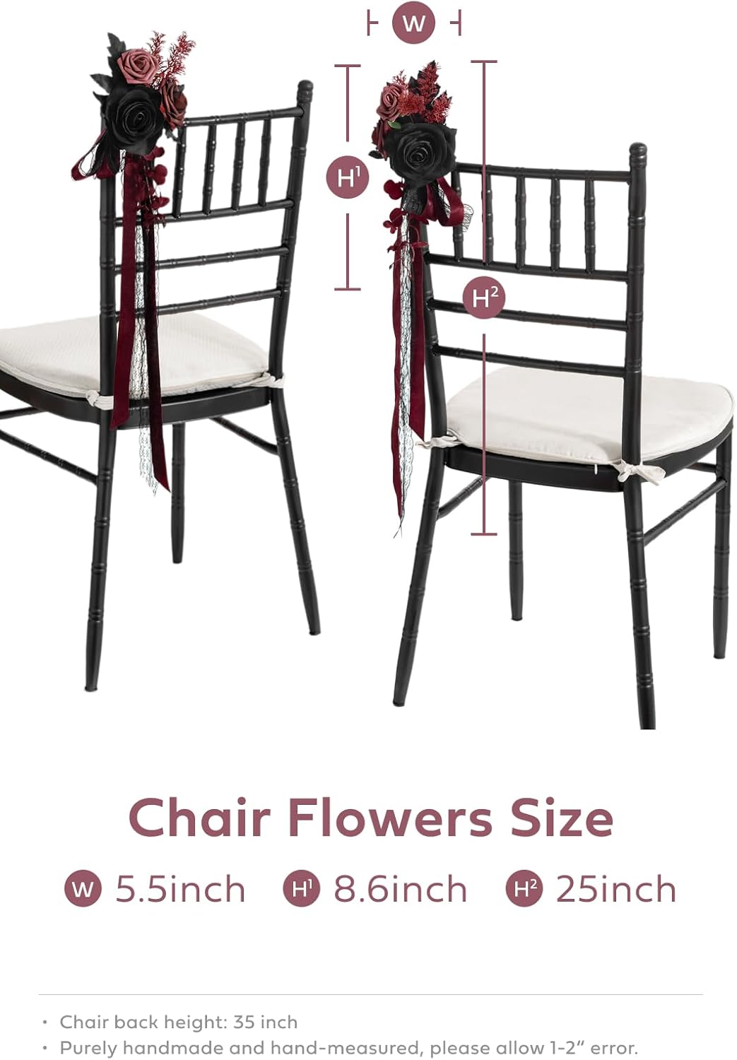 Ling's Moment 8 Wedding Artificial Aisle Pew Flowers Chair Decorations Arrangements with Chiffon Ribbons Black Burgundy for Ceremony Chair Back Floral Decor Reception Church Rose Party Outdoor