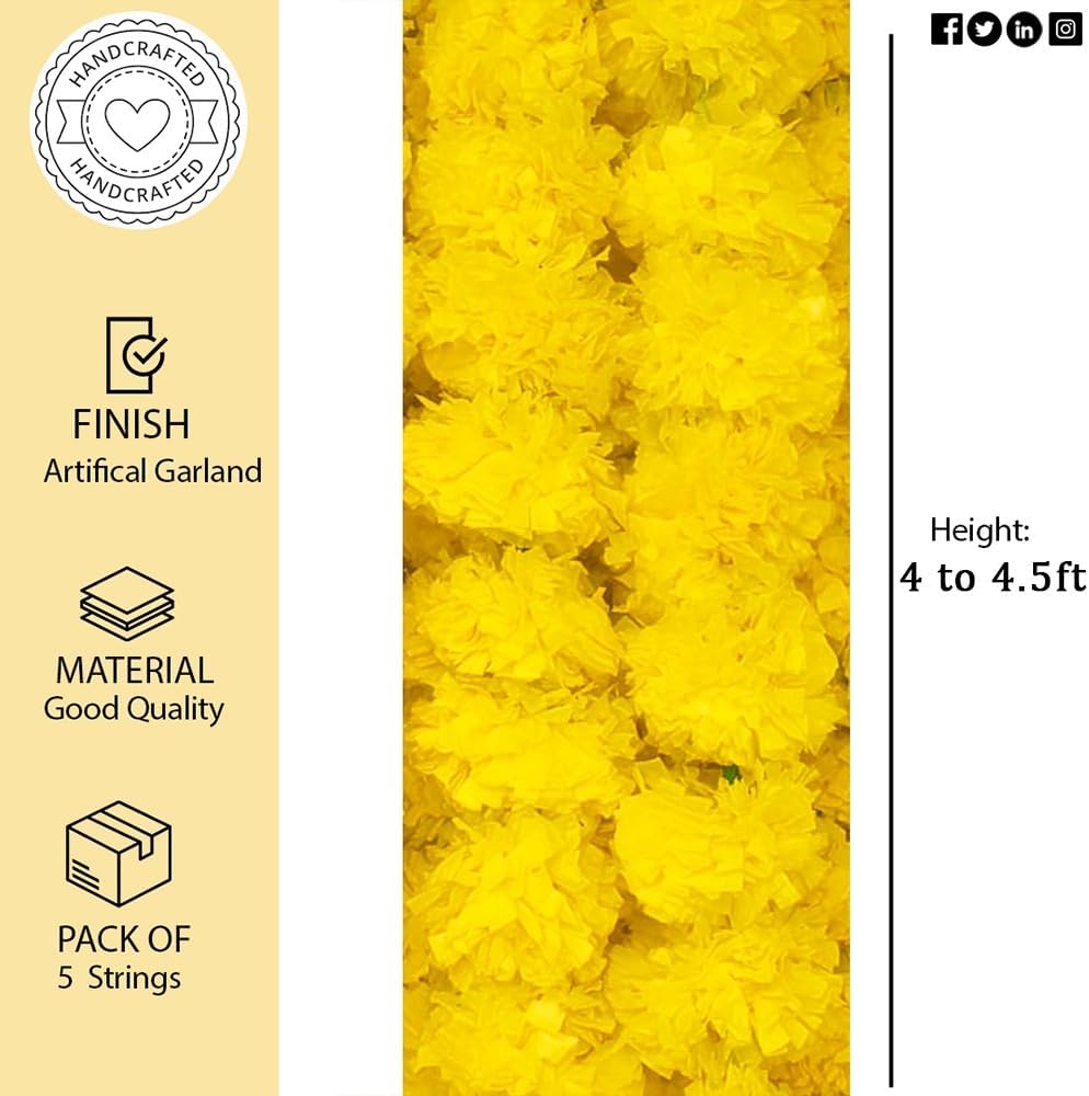 Artificial Marigold Flowers Garland for Diwali Decoration, American Wedding Party, Mantle Decoration, Faux Garlands, Wedding Garland, Spring Bush Floral - 5 String - (Yellow | 4 to 4.5 ft) Hashcart®