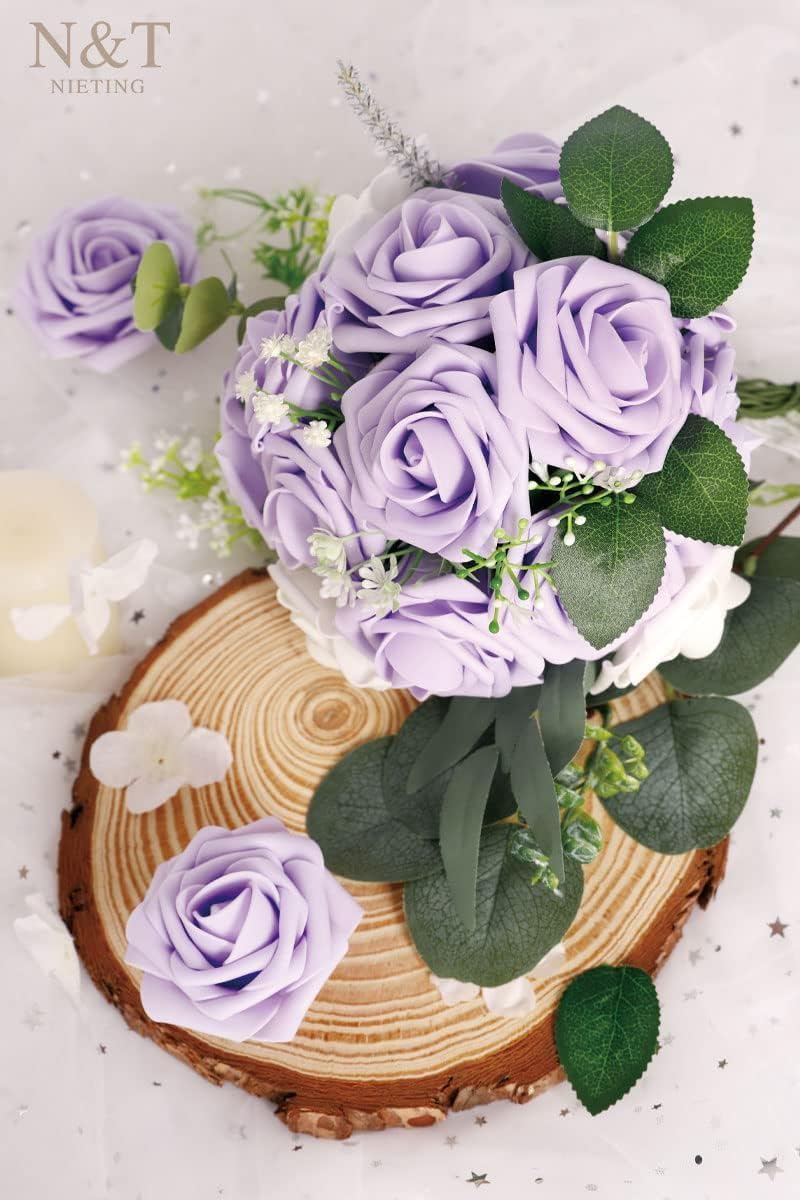 N&T NIETING Purple Artificial Flowers, 25pcs Artificial Flowers Bulk Fake Flowers Roses with Stem for DIY Wedding Bridal Bouquet Baby Shower Home Decoration, Lavender