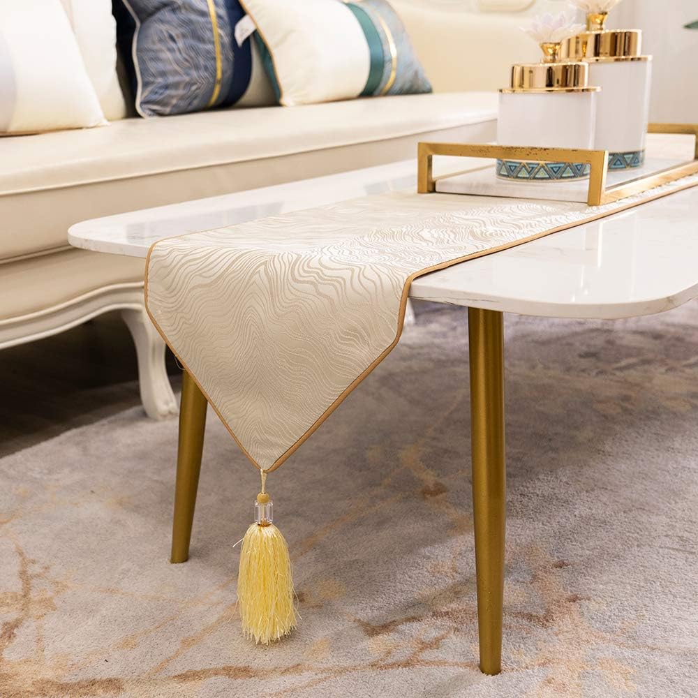 Avigers 12 x 90 Inch Decorative Luxury Abstract Striped Beige Table Runners with Tassels for Home Living Room Bedroom Art Decor Wedding