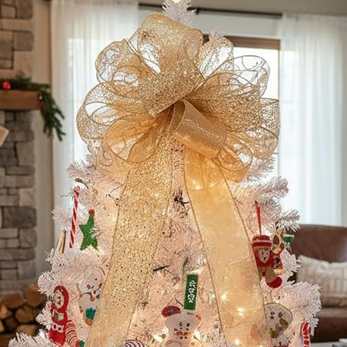 CT CRAFT LLC Champagne Gold Swirl Christmas Tree Topper Bow 11" with 4 Ribbon Streamers x 3 Yards Long Each for Holidy Elegant Fancy Home Décor Indoor
