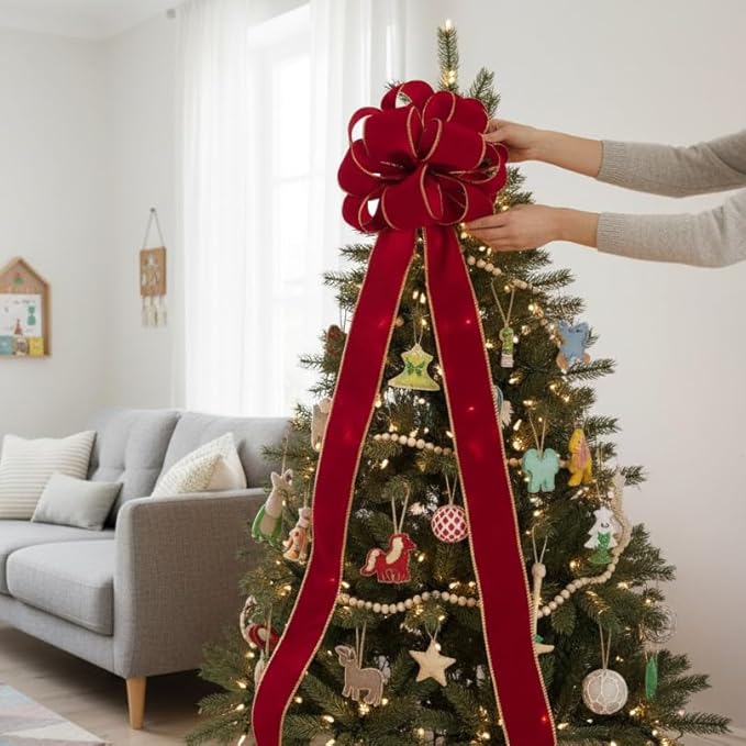Christmas Tree Topper Bow - Bow: 11" sq. - Tails: 3 Yards Long Each - Velvet Red