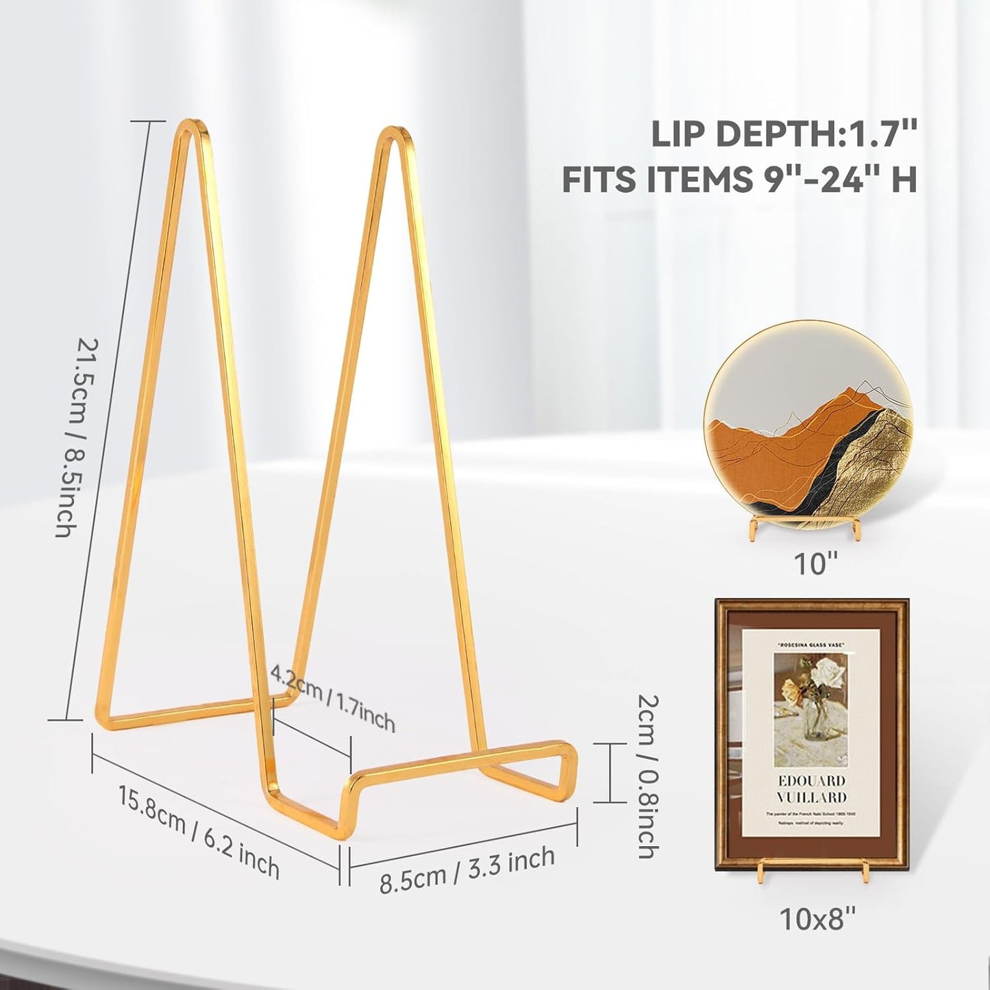 Decolore 4 Pack 8.5 Inch Gold Plate Stands Square Tabletop Easel Display Stand Frame Stand for Picture, Decorative Plate, Photo Easel and Artistic Work