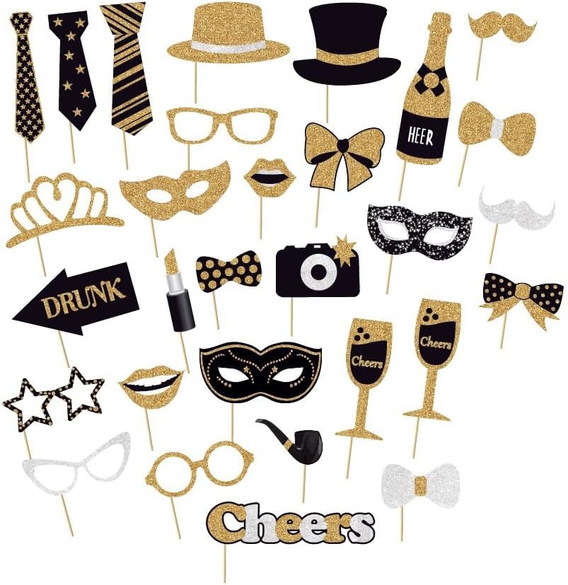 30 Pieces Black Golden Photo Booth Props for Birthday Wedding New Year Party,Mix of Hats, Mask, Lipstick, Tie, Crowns and More Funny Selfie Props