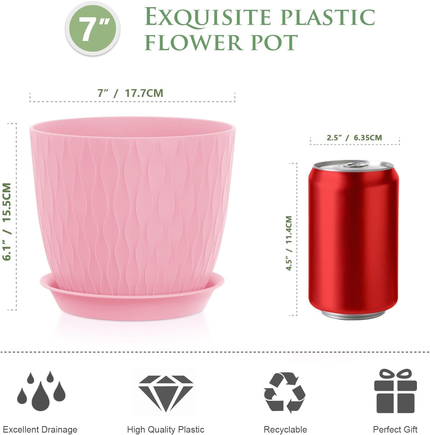 7 inch Plant Pots, 5 Pack Flower Pots with Drainage Holes and Saucers for Indoor Plants, Plastic Planters with Water Ripple for Small Garden House Plants, Nursery Pots for Succulent, Colorful