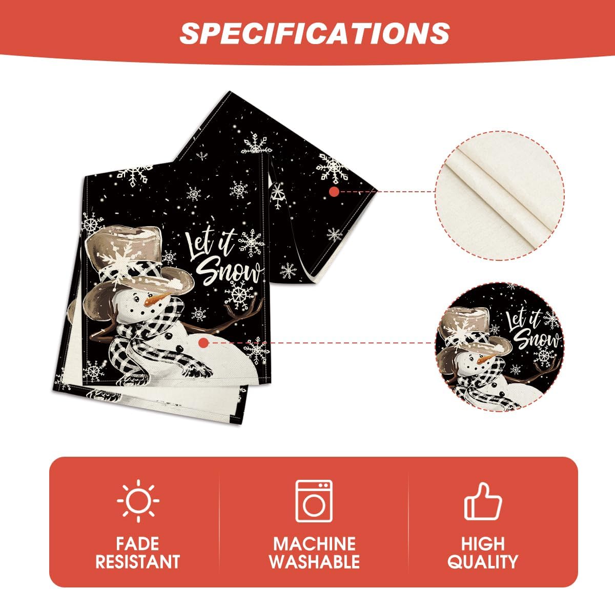 Artoid Mode Black Snowman Snowflake Let it Snow Winter Table Runner, Christmas Kitchen Dining Table Decoration for Home Party Decor 13x72 Inch