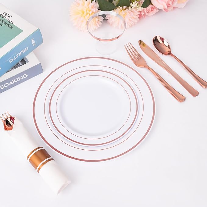 WELLIFE 350Pcs Rose Gold Plastic Plates for 50 Guests - Plastic Dinnerware Set,Party Supplies Includes 100 Rose Gold plates,150 Silverware,50 Napkins,50 Cups for Party and Valentine's Day
