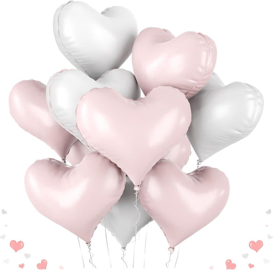 20 Inch Pink White Heart Balloons, 10 Pcs Baby Pink White Heart Shaped Foil Balloons, Pastel Helium Balloon for Girls Women Valentine Bridal Shower Anniversary Wedding Birthday Party Decorations