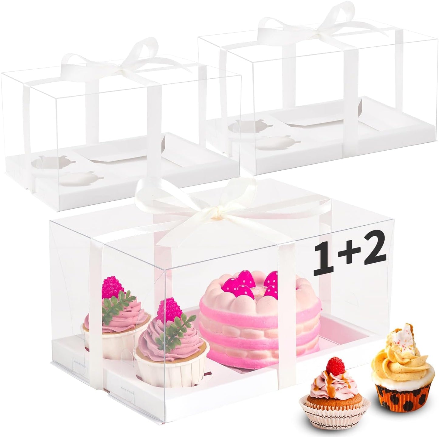 5 Pack Bento Cake and Cupcake Box with Gift Ribbon,Clear Window 1+2 Combination Bento Boxes,4-5in cake and 2 Cupcakes Combo Box Rectangle Cupcake Holder for Birthday Party Baking Supplies (1+2/5Pcs)