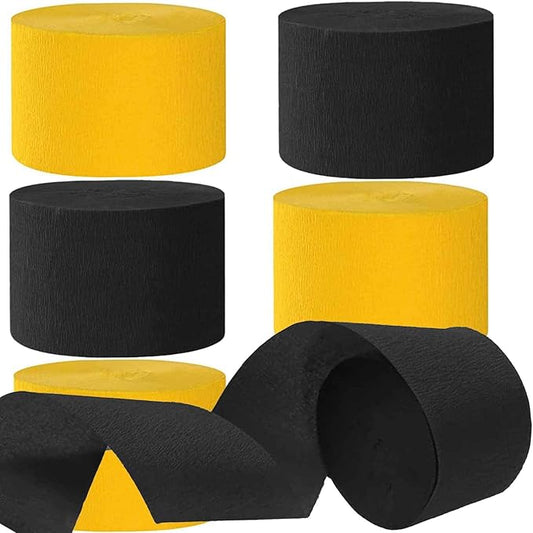 We Moment Black and Yellow Crepe Paper Streamers Party Streamer 1.8 Inch Widening 6 Rolls,Black Yellow Party Decorations Streamer 82 feet per roll for Birthday Wedding Party Decorations