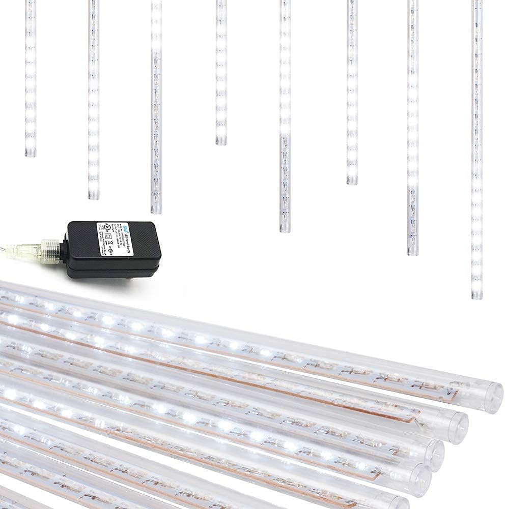 Christmas Lights Outdoor UL Certified Meteor Shower Lights 12 Inch 8 Tubes 192 LED Falling Rain Drop Icicle Snow Cascading Light for Xmas Tree Wedding Party Garden Decoration, White