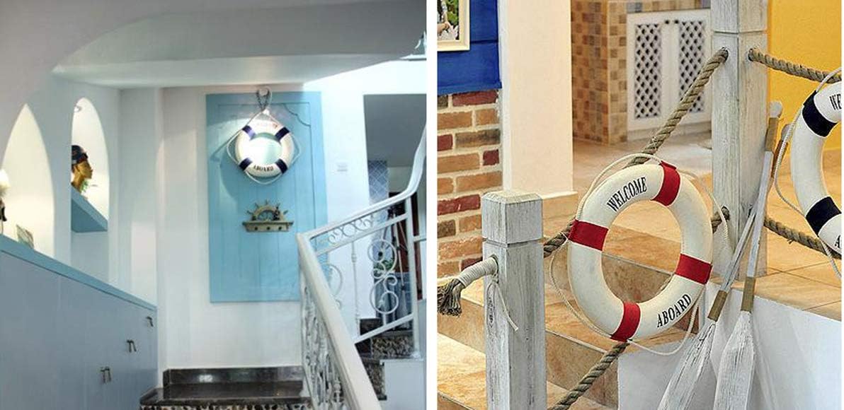 MorroMorn Lifebuoy Wall Hanging Decor - Welcome Aboard Mediterranean Style Home Decoration Hemp Rope (Red & Blue, 10")