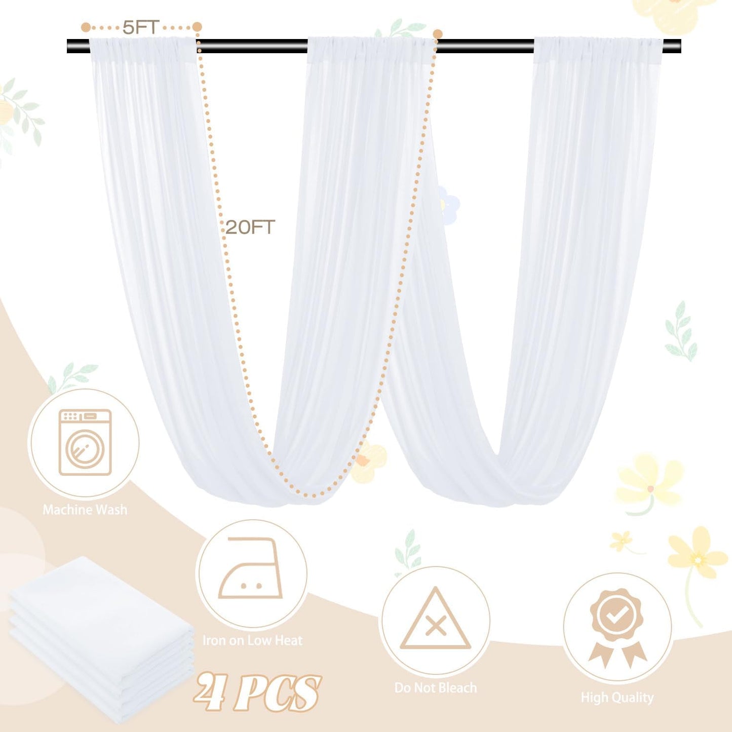 FUHSY White Ceiling Drapes for Wedding Arch Draping Fabric 4 Panels 5x20FT Chiffon Wedding Arch Drapes Sheer Bed Canopy Curtains Wedding Backdrops for Reception Ceremony Swag Arbor Archway Tent Drapes