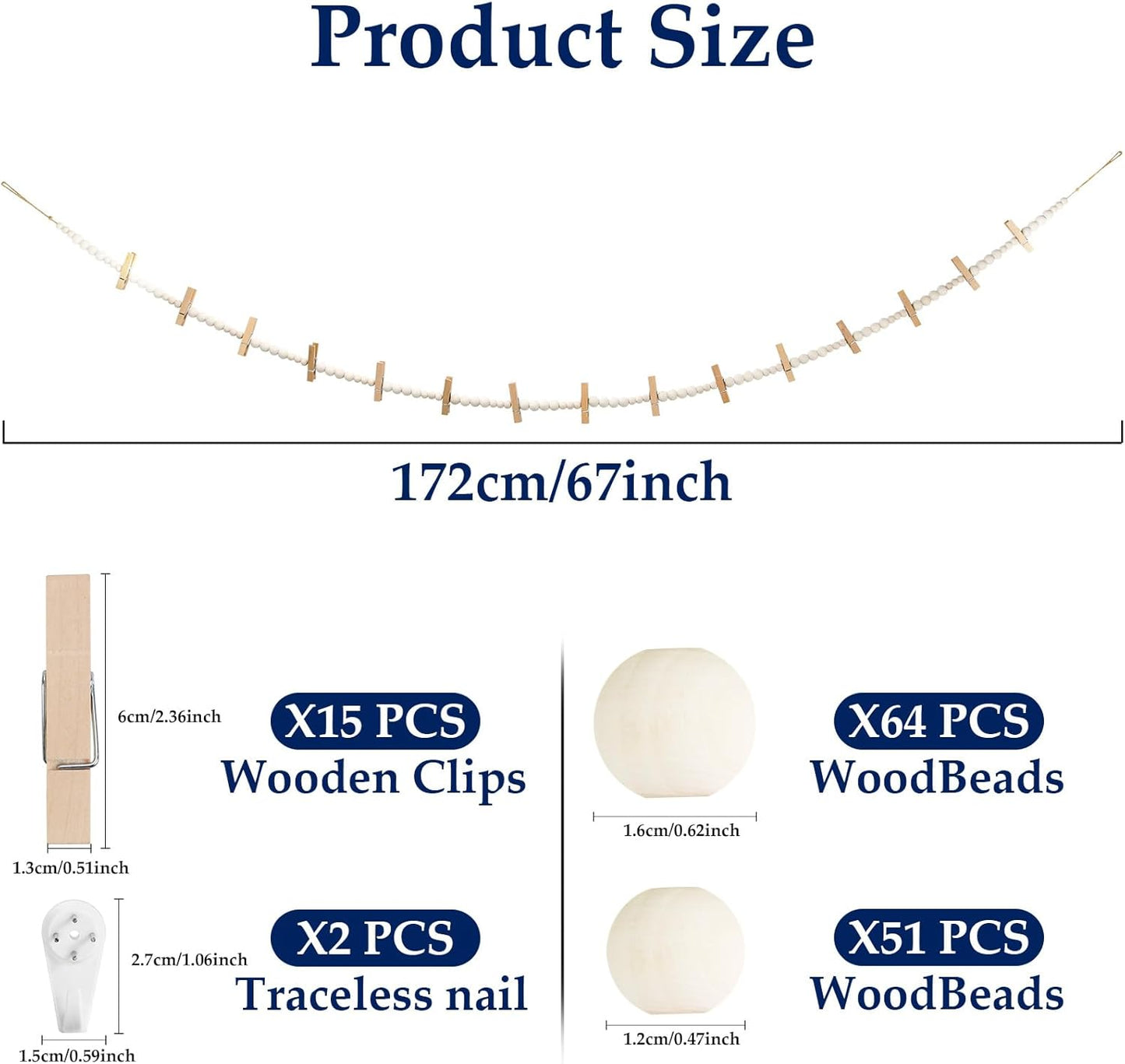 Hanging Photo Display Wall Decor with 15 Wood Clips, 67 Inches Boho Wooden Bead Garland Collage Picture Frame Photos String DIY, Photo Hanger for Bedroom Office Dorm Room Decor Gifts(1PCS)