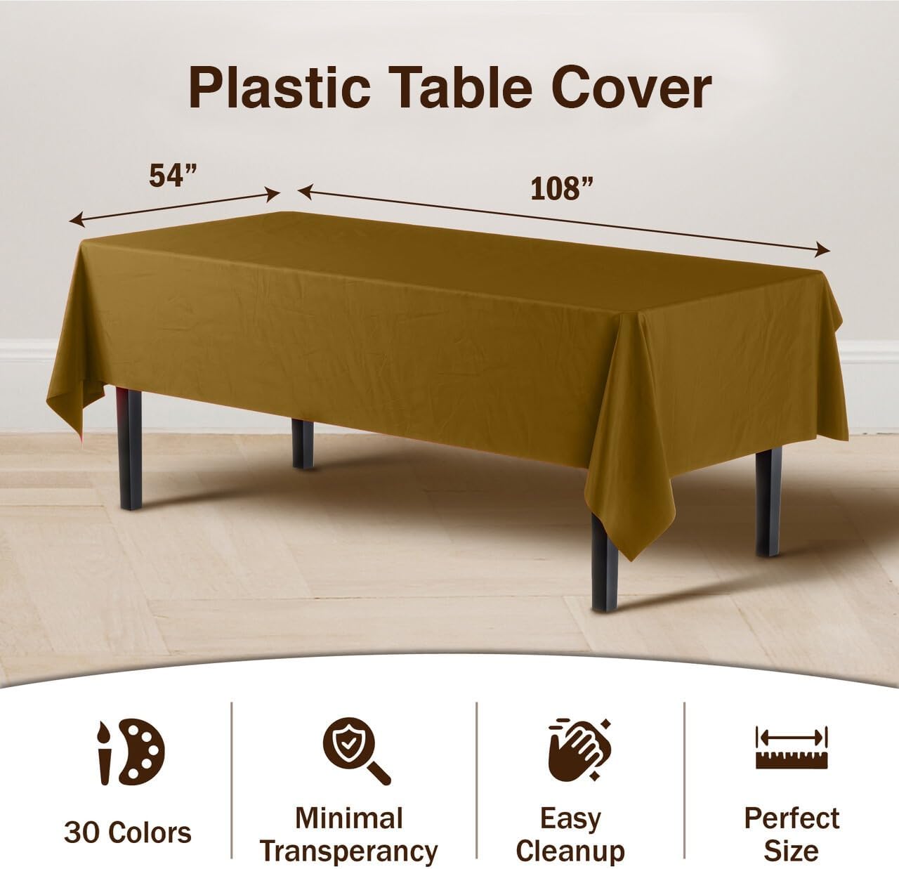 Party Solids Pack Of 12 Premium Plastic Tablecloth 54 Inch x 108 Inch Rectangle Table Cover - Gold