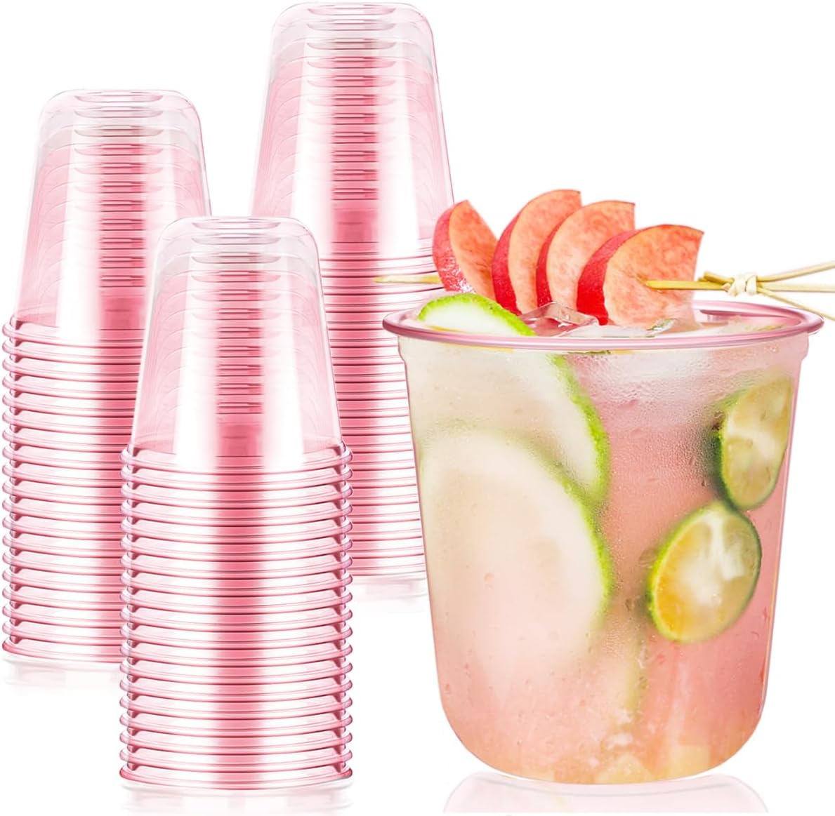 50Pcs Disposable Plastic Stemless Glasses,12oz Plastic Drinking Cups Wine Glasses for Cocktail Martini Party Cups for Birthday,Wedding,Meeting,Valentines,Christmas Holiday Party (50, Pink)