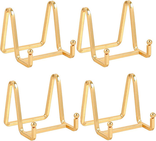 Plate Holder Easel Display Stand - 3 inch Metal Plate Stands for Display - Tabletop Picture Stand - Gold Iron Easels for Display Pictures | Photo Frames | Book | Decorative Plates | Plaque - 4 Pack