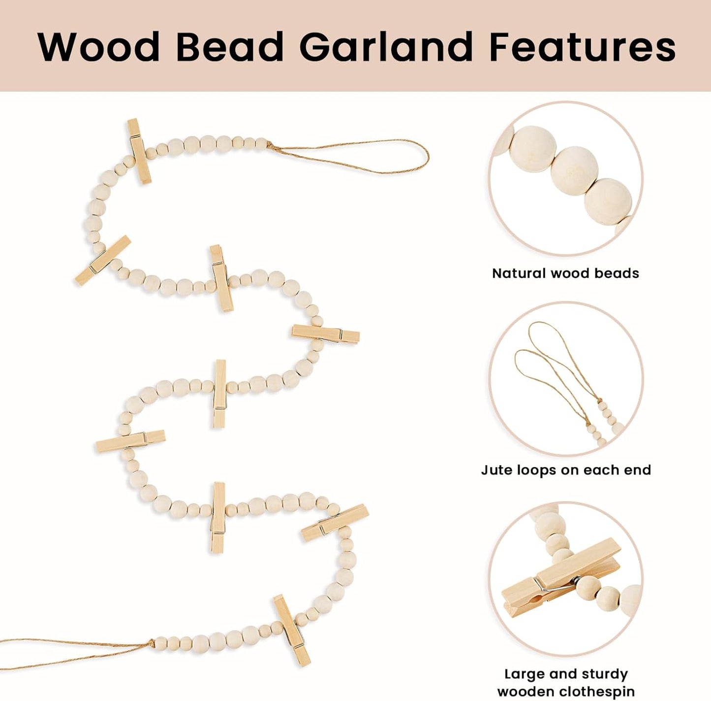 Hanging Photo Display Wall Decor, Boho Wooden Bead Garland Collage Picture Frame with 9 Wood Clips for Bedroom, Living Room, Office, Dorm Decor, Photos Holder Christmas Cards Teen Girl Gifts